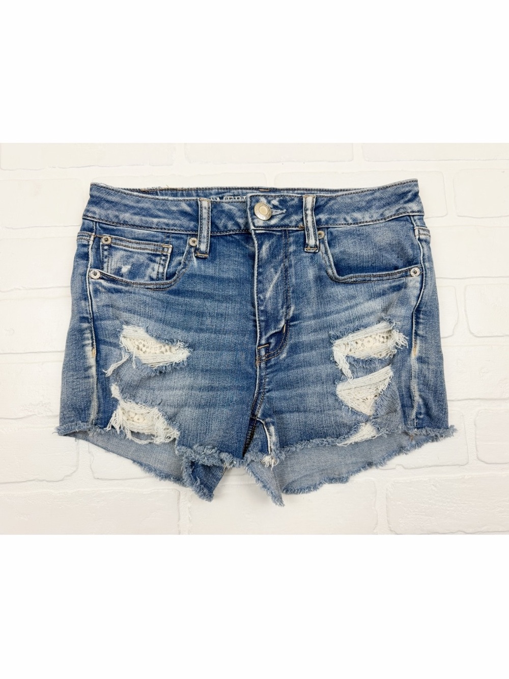American Eagle Hi Rise Shortie Jean Shorts Lace Pocket Next Level Stretch Size 6
